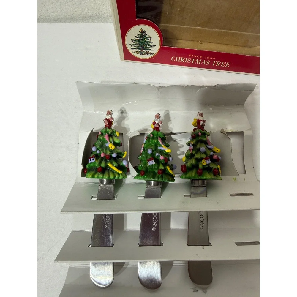 Spode Christmas Tree Canape Knives Set of 3 Stainless Steel Santa Spreaders Box